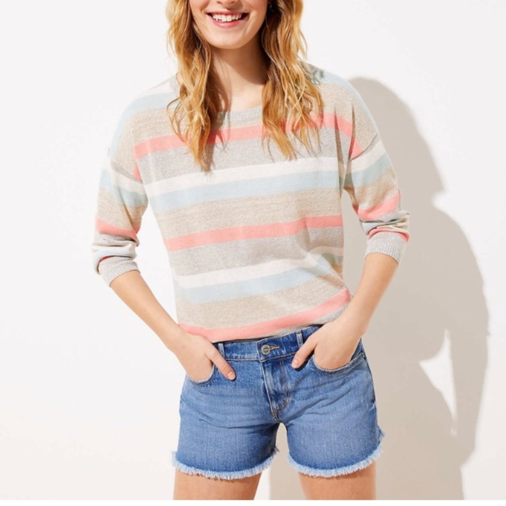 LOFT‎ Destructed Denim Cut Off Shorts In Mid Indigo